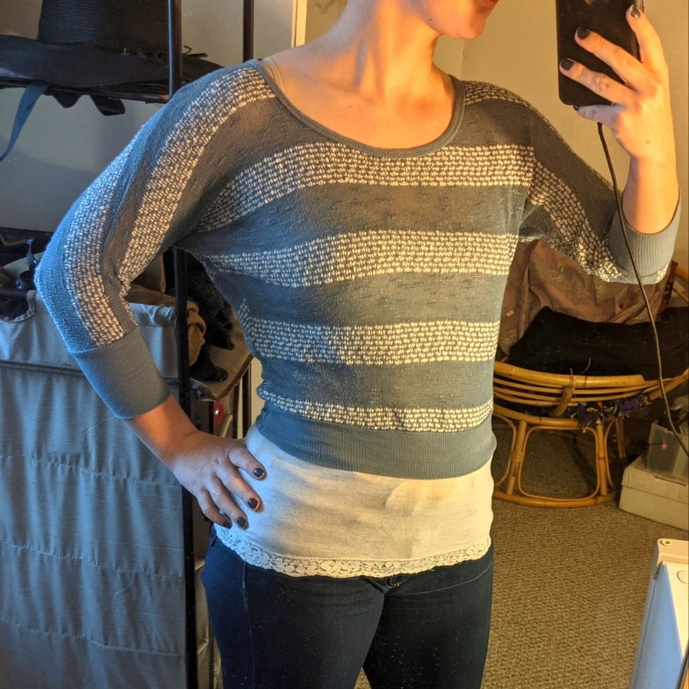 3/4 length raglan sleeve striped sweater